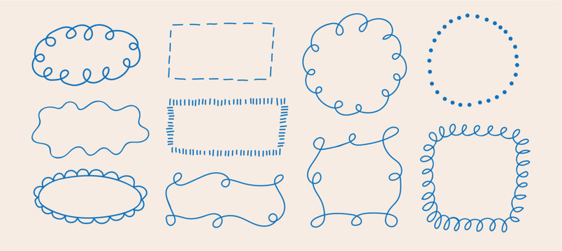 Set of outline scallop frame border in doodle style. Retro whimsical frame with wavy border. Brush hand drawn circle and square
