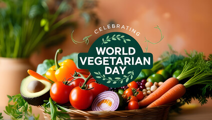 World Vegetarian Day flyer with green vegetables, copy space, and minimalist design.






