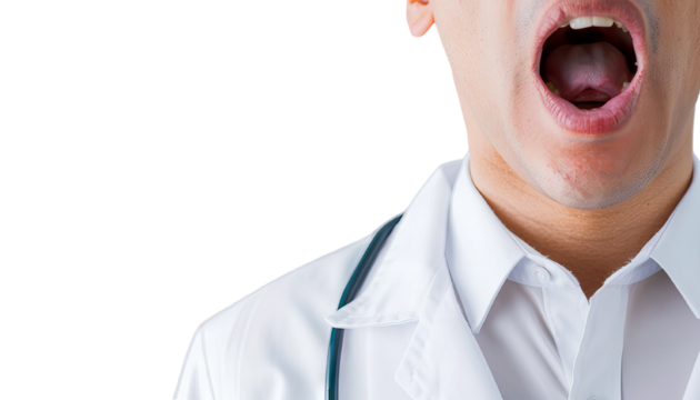 A doctor yawning while wearing a white coat and stethoscope, showcasing candid moment in a healthcare setting.