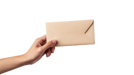 A hand holding a beige envelope against a transparent background, symbolizing communication and correspondence.