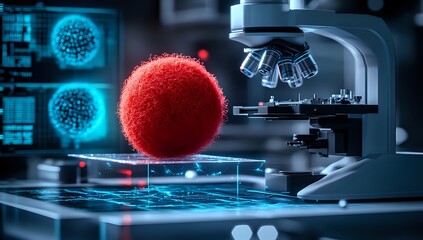 Obraz premium Red virus under a microscope in a futuristic lab.