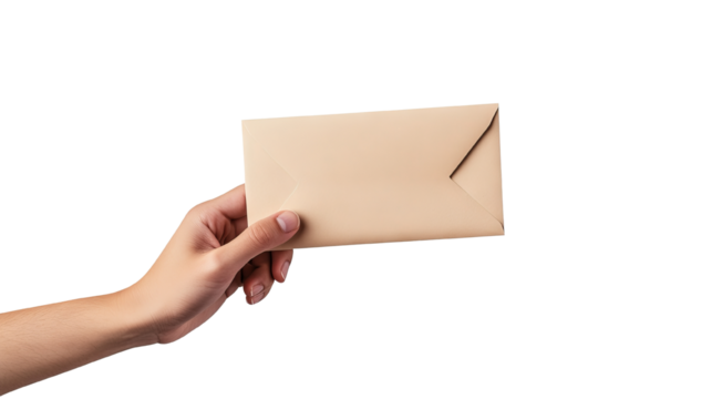 A hand holding a beige envelope against a transparent background, symbolizing communication and correspondence.