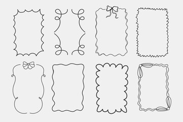 Set of drawing wavy elegant outline frame. Abstract curve whimsical border with bow tie. Vertical border frame card
