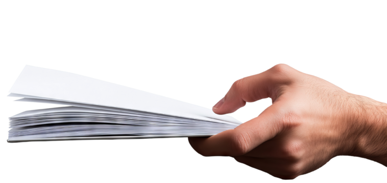A hand holding a stack of blank pages, showcasing creativity and the potential for writing or drawing. - Powered by Adobe