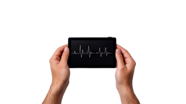 A pair of hands holding a tablet displaying a heart rate monitor graphic, symbolizing health and technology.