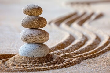 Zen Japanese garden with white stones in sand.