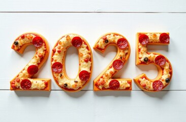 Top down view little volume letters &ldquo;2025&rdquo; made from Pizza margaritas on white wooden table