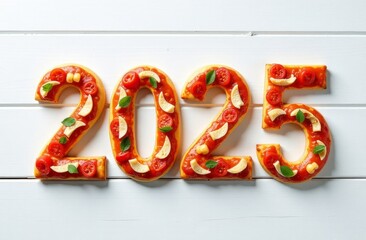 Top down view little volume letters &ldquo;2025&rdquo; made from Pizza margaritas on white wooden table
