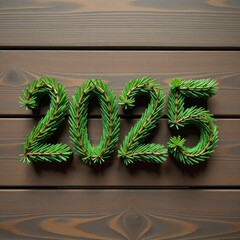 Top down view of small 3D letters "2025" made from spruce branches on a wooden table