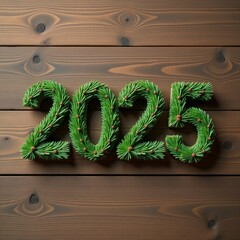Top down view of small 3D letters "2025" made from spruce branches on a wooden table