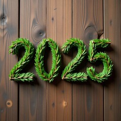 Top down view of small 3D letters "2025" made from spruce branches on a wooden table