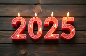 Top down view of small 3D letters "2025" made from candles on a wooden table