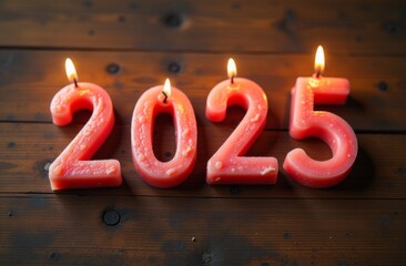 Top down view of small 3D letters "2025" made from candles on a wooden table