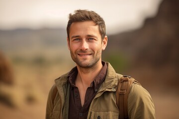 Portrait of a glad man in his 30s sporting a breathable hiking shirt in front of soft brown background