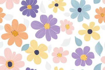 A vibrant floral pattern featuring various colorful flowers and leaves on a white background.
