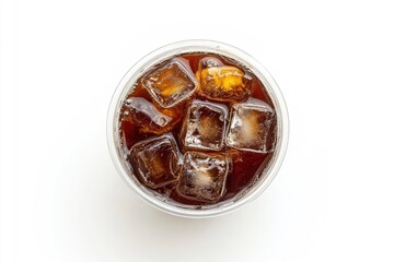 Takeaway plastic cup with iced cold coffee drink isolated on white background, Top view , ai