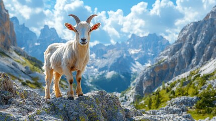 Obraz premium Majestic Mountain Goat Surveying Panoramic View from Rocky Outcrop