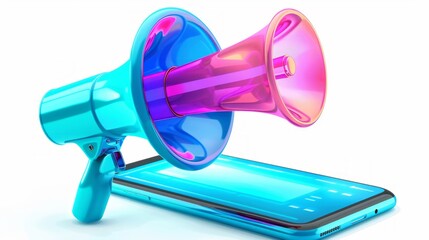 A vibrant blue and pink megaphone rests beside a glowing smartphone on a clean white background, creating a striking visual contrast