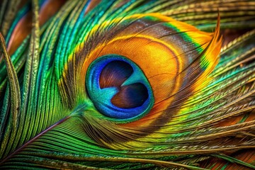 Obraz premium Vibrant peacock feather's intricate eye-like patterns and iridescent hues of emerald green, sapphire blue, and amber orange shimmer in stunning close-up detail.