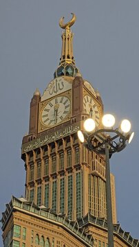 A close-up shot of the iconic Makkah Royal Clock Tower at Masjid Al Haram, Makkah, Saudi Arabia