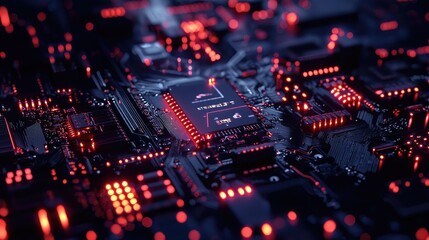 Fototapeta premium Detailed macro shot of a glowing microchip on a computer circuit board, highlighting technology, electronics, and modern computing