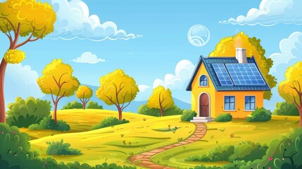 Fototapeta premium Cartoon vector house with solar panels on the roof generating electricity in a sunny landscape with trees and a blue sky