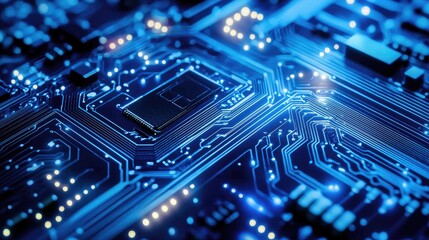 Detailed macro shot of a glowing microchip on a computer circuit board, highlighting technology, electronics, and modern computing