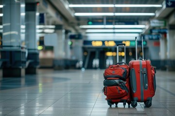 Business travel with luggage trolley at airport suitcase baggage.