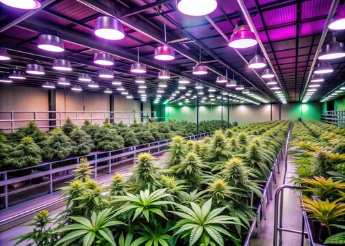 State-of-the-art indoor cannabis cultivation facility features rows of lush green plants thriving under advanced LED grow lights and precise climate control systems.