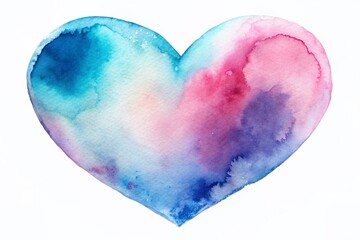 Vibrant heart-shaped watercolor art splashes across a clean white backdrop, featuring soft pink and blue hues blending harmoniously with subtle texture and gentle curves.