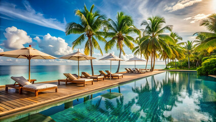 Fototapeta premium Oceanfront Serenity: Beachside Bliss Tropical Escape: Sun, Sand, and Sea Island Getaway: Tranquility by the Water