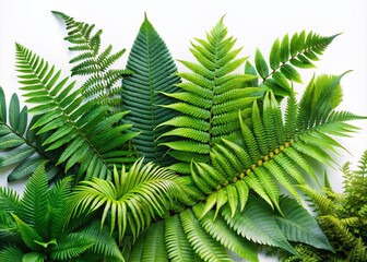 Vibrant green fern fronds and exotic tropical leaves arranged in a stunning composition on a crisp white background, perfect for banner design and natural textures.