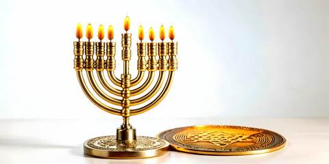 Fototapeta premium Futuristic Hanukkah Gelt with Holographic QR Code - Detailed Macro Shot Blending Tradition and Technology in Simple Flat Vector Illustration