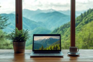 Fototapeta premium An image of a laptop, a small plant, and a cup on a wooden table. The background shows a view of green mountains through a large window.