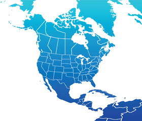 Map of North America modern colors vector, isolated on white background.