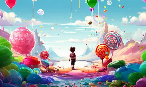 little boy in colorful candy fantasy world animation
