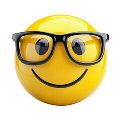 A cheerful yellow emoji with black glasses, showing intelligence or a nerdy style. Transparent background
