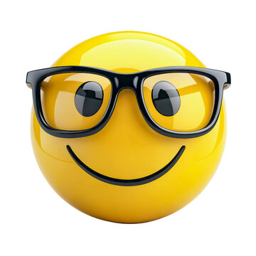 Naklejki A cheerful yellow emoji with black glasses, showing intelligence or a nerdy style. Transparent background