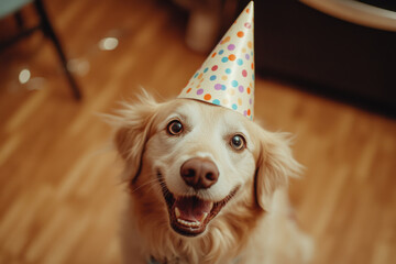 An image of a happy light-colored dog wearing a party hat with colorful polka dots. 
