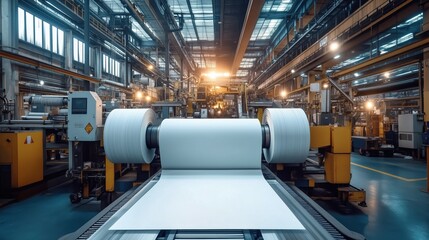 Industrial paper factory with large rolls of paper. Industrial paper factory with large rolls of paper being processed on a production line, illuminated by factory lighting.