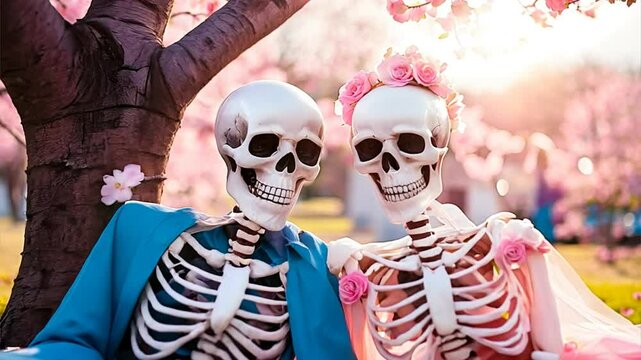 Skeleton couple on picnic under pink blooming tree