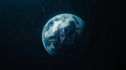 Obraz premium A clean wide shot of the blue Earth floating in the dark space, with light clouds and deep oceans, set against a starry background
