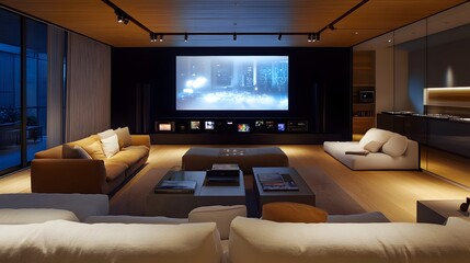 A sleek living room with an automated entertainment system and smart lights, designed with minimalist aesthetics