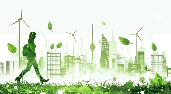 Una persona caminando por el lado izquierdo de un paisaje urbano con edificios ecol&oacute;gicos y turbinas e&oacute;licas, que representan una vida sostenible.
