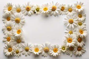 Fototapeta premium Intricately arranged daisies adorn a stylish frame against a clean white background, injecting a fresh and vibrant touch to the elegant and sophisticated design element.