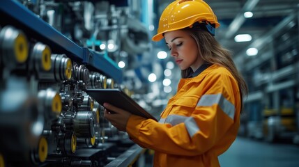 Female engineer in an orange safety uniform inspects factory machinery using a tablet, showcasing the integration of technology in modern industrial operations.