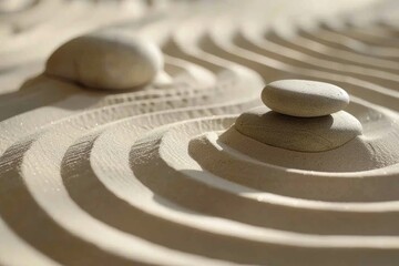 Zen sand garden meditation with stones for relaxation and balance.