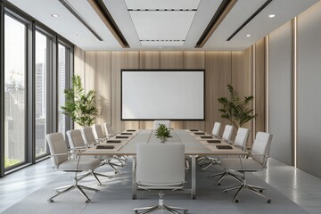 Interior of modern office with white walls, concrete floor, rows of computer tables with black chairs and horizontal mock up poster	