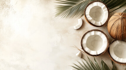 Coconut alongside natural elements such as palm leaves and wooden textures, soft grey background.