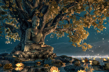 A statue of Buddha is sitting on a lotus flower in front of a tree. The scene is serene and peaceful, with the tree providing a sense of calm and tranquility. The lotus flower adds a touch of beauty